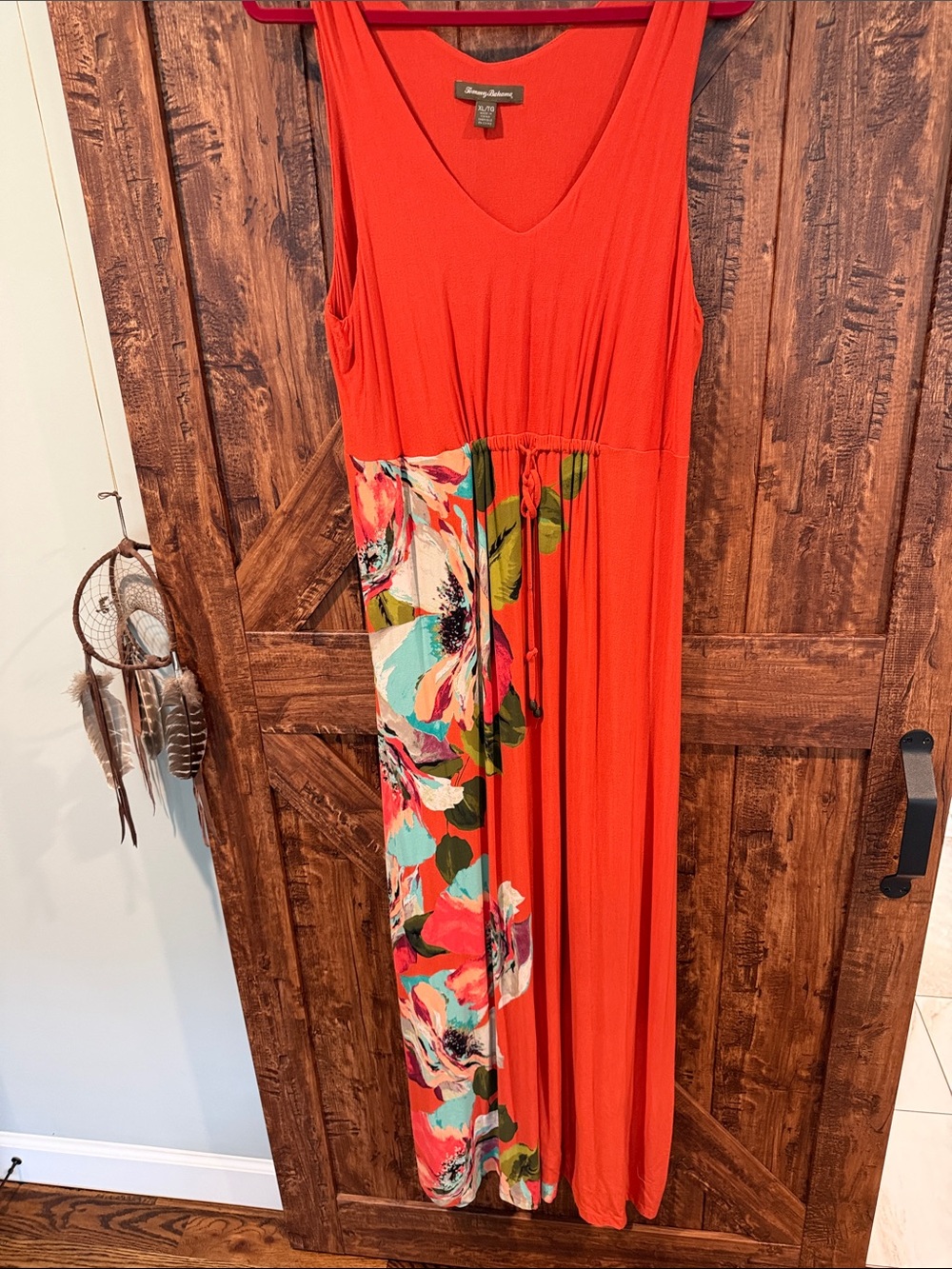 Tommy Bahama Coral Orange Sleeveless Maxi Dress with Floral Side Panel